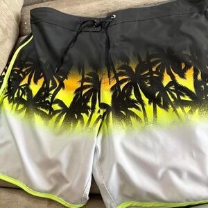 Hurley Mens Board Shorts Size 38 Palm Tree Sunset Tropical Swim Trunks Black